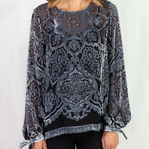 Hale Bob Women's Black Velvet Flock Blouse Size XS Bell Sleeve & Tie Cuff - Picture 1 of 10